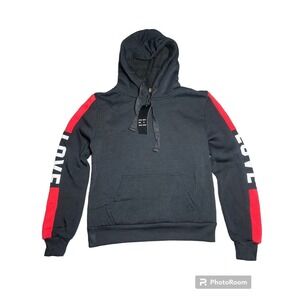 Women's Black Hoodie Pullover Medium Fur Lining Red Stripe NWT